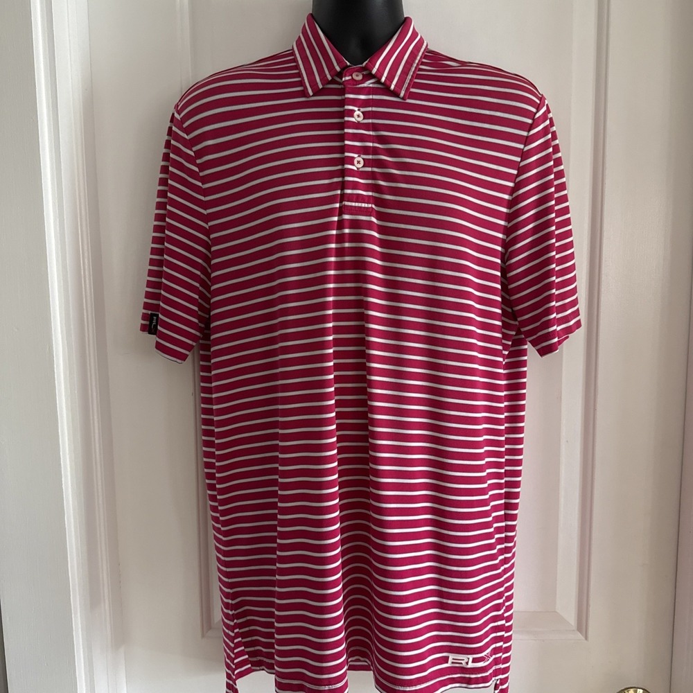 RLX Ralph Lauren Polo Shirt Mens Size Medium Pink Blue Stripe Golf Polo